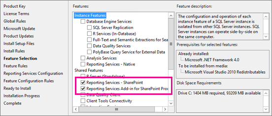 Skärmbild av sidan Funktionsval med alternativen Reporting Services – SharePoint och Reporting Services-tillägg för SharePoint-produkter valda.