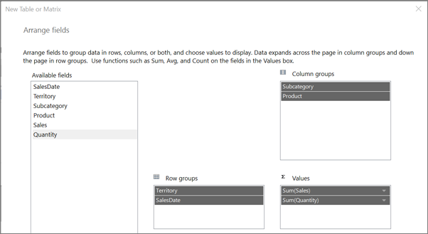 Screenshot som visar Rapportguiden i Report Builder för att ordna fälten.
