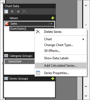 Screenshot som visar hur du lägger till beräknade serier i kolumndiagrammet Report Builder.