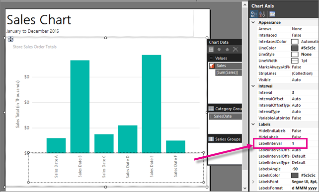 Screenshot som visar hur du anger etikettintervallet för Report Builder stapeldiagram.