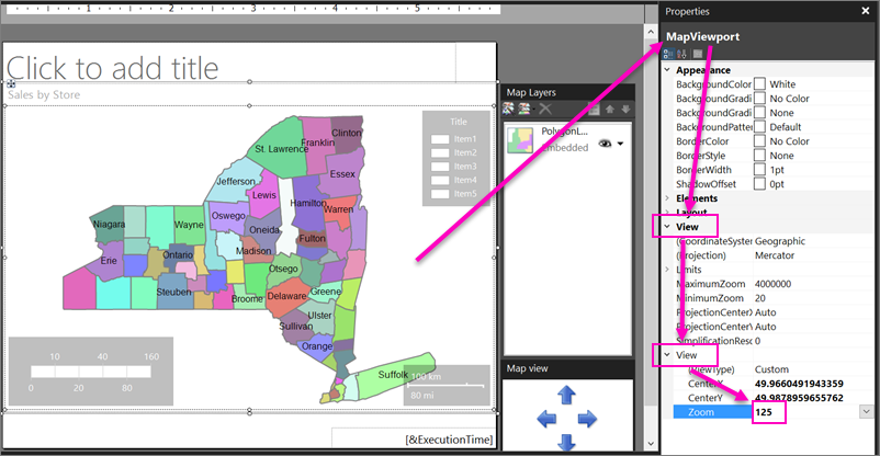 Screenshot som visar hur du justerar zoomningen av Report Builder map.