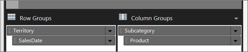 Screenshot som visar Report Builder radgrupper och kolumngrupper.