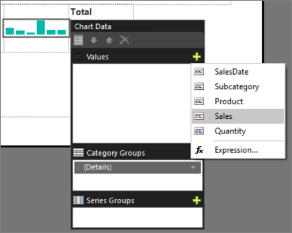Screenshot som visar hur du lägger till värden i Report Builder sparkline.