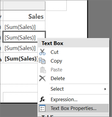 Skärmbild av Report Builder egenskaper för textruta alternativet.