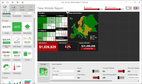 Skärmbild av SQL Server Mobile Report Publisher-gränssnittet.