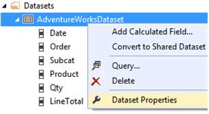 Skärmbild av snabbmenyn för AdventureWorksDataset som markerar alternativet Egenskaper för datauppsättning.