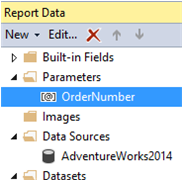 Skärmbild av fönstret Rapportdata som markerar parametern Ordernumber.