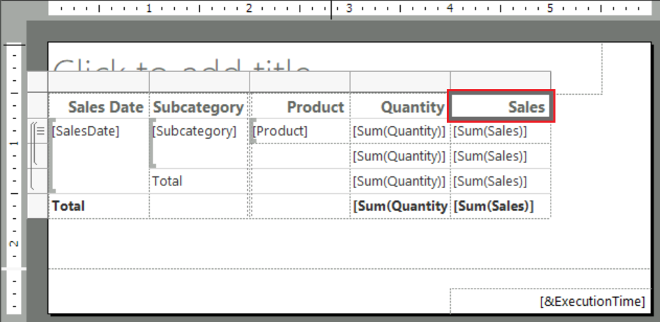 Screenshot som visar hur du väljer kolumnrubriken Försäljning i den öppna tabellrapporten i Report Builder.