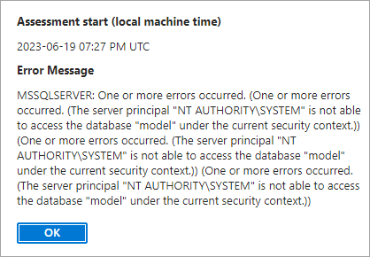 Skärmbild som visar felmeddelandet att serveranvändaren inte kan komma åt databasen.