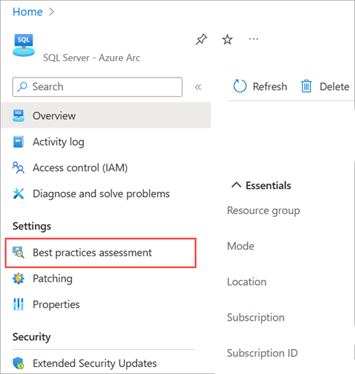 Skärmbild som visar hur du öppnar inställningar för utvärdering av metodtips för en Azure Arc-aktiverad SQL Server-resurs.