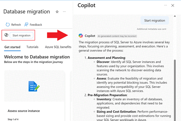 Screenshot som visar ikonen Copilot Starta migrering i fönstret Databasmigrering i Azure portal.