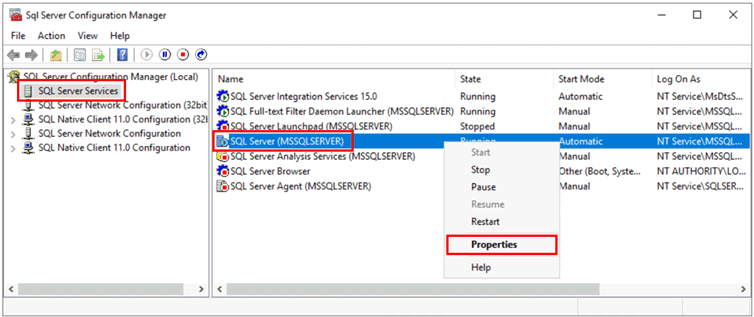 Screenshot som visar SQL Server Configuration Manager, med val för att öppna egenskaper för tjänsten.