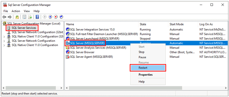 Screenshot som visar kommandoanropet SQL Server omstart.
