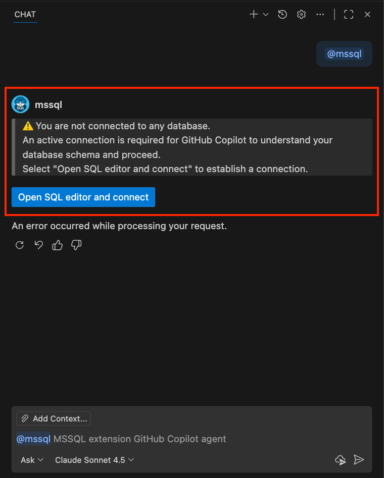 Skärmbild som visar @mssql chattdeltagare som identifierar ingen databasanslutning och uppmanar användaren att ansluta.