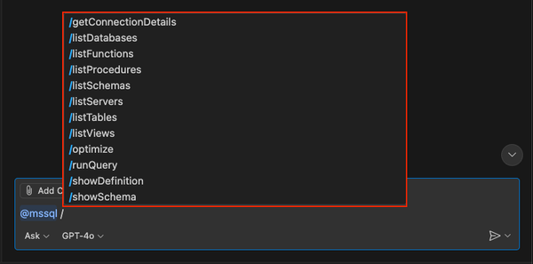 Skärmbild av den andra uppsättningen alternativ för snedstreckskommandon från MSSQL-tillägget i GitHub Copilot-chatten.