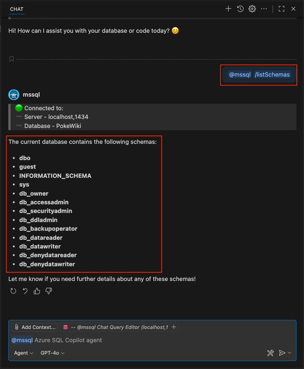Skärmbild av att använda snedstreckskommandot /listSchemas i GitHub Copilot-chatten.