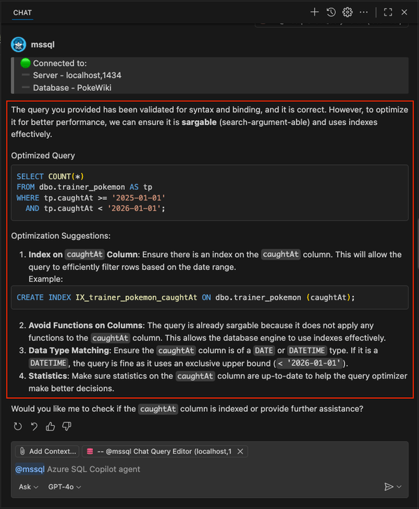 Skärmbild som visar kommandot /optimize slash detaljerade optimeringsförslag och skapande av index.
