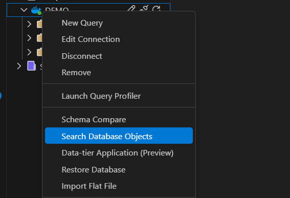Skärmbild av alternativet Sök databasobjekt på snabbmenyn i Object Explorer.