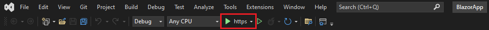 Skärmbild av verktygsfältet Felsökning i Visual Studio med knappen Starta felsökning markerad.