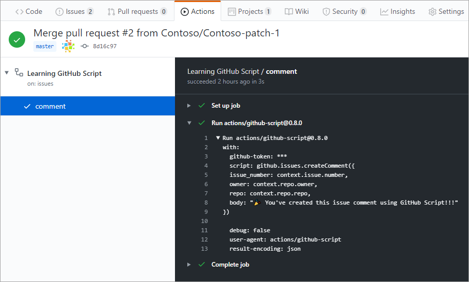 Skärmbild av ett slutfört GitHub Script-arbetsflöde.