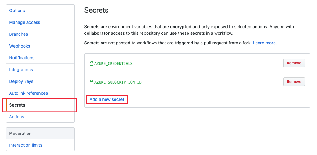 Skärmbild av GitHub-portalgränssnittet för att skapa en hemlighet.