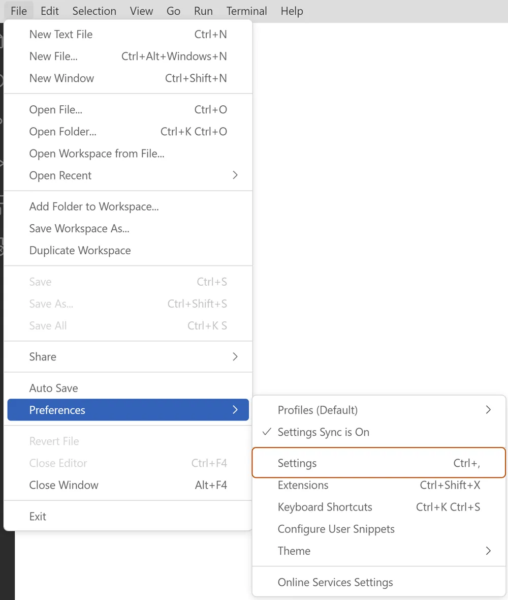 Skärmbild av menyn Arkiv i Visual Studio Code. Listrutan Inställningar är öppen med kommandot Inställningar valt.