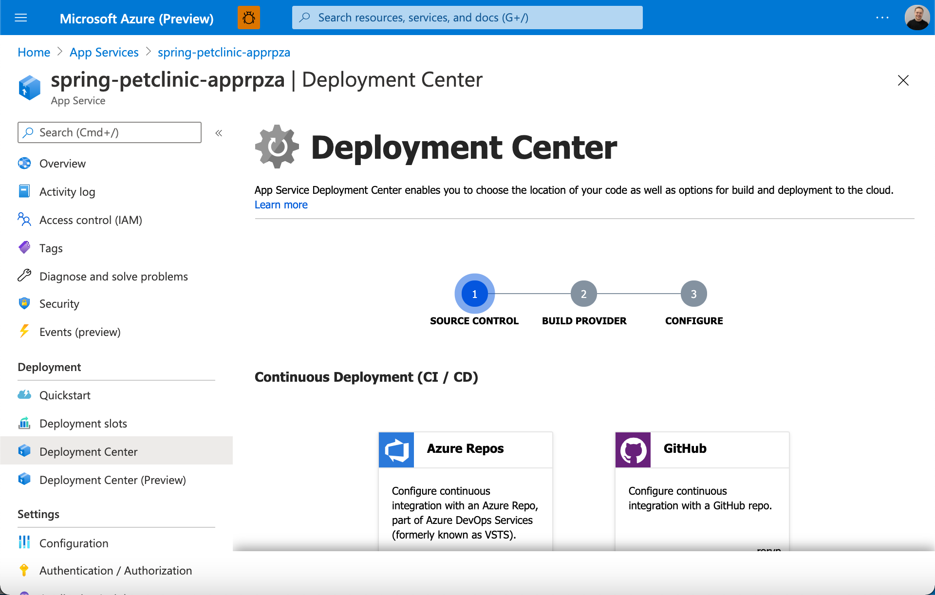 Skärmbild av Azure App Service Deployment Center.
