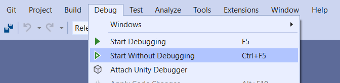 Skärmbild av Visual Studio med menyalternativet Starta utan felsökning.
