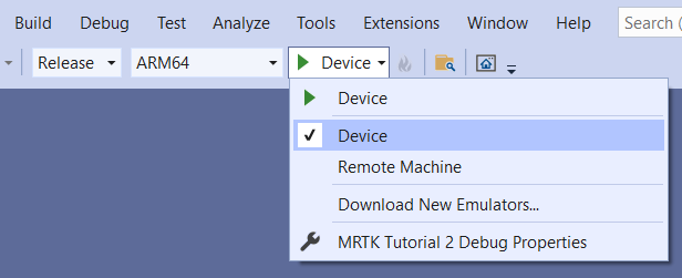 Skärmbild av Visual Studio-fönstret med Enheten som mål.