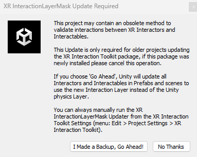 Skärmbild av uppdateringsmetoder i XR InteractionLayerMask.
