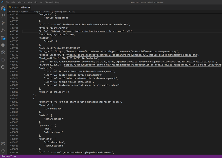 Skärmbild av utdata för Learn Catalog API i Visual Studio Code.