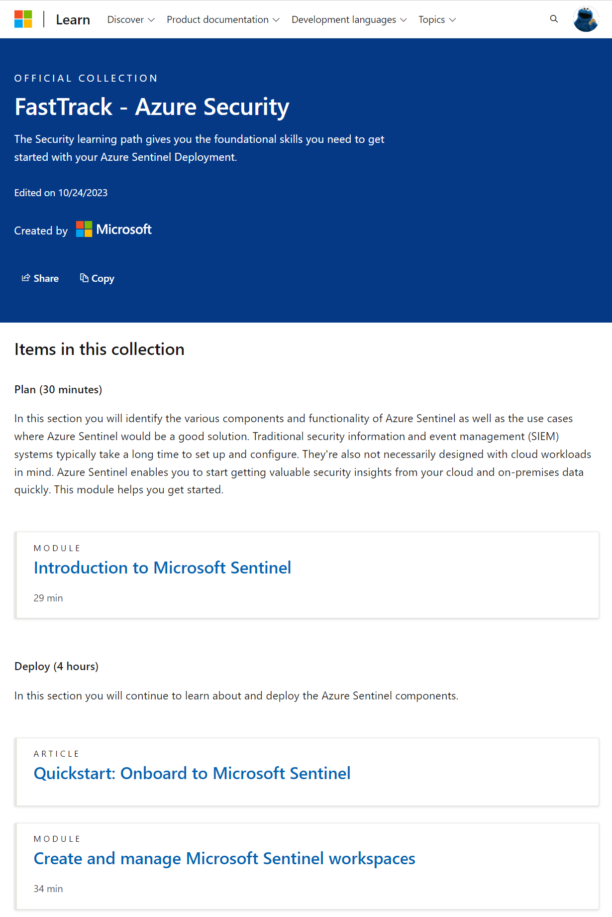 skärmbild av den officiella samlingen FastTrack – Azure Security av Microsoft