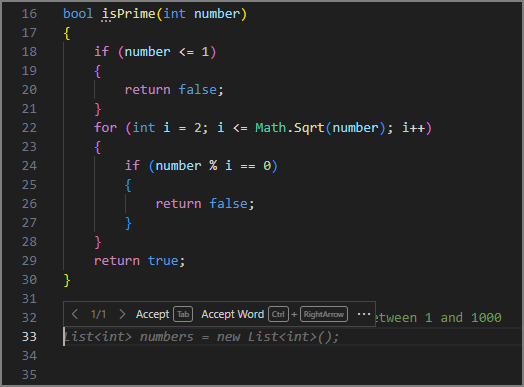 Skärmbild av Visual Studio Code redigeraren som visar ett förslag på spöktext för den första kodraden baserat på kommentaren ovan.