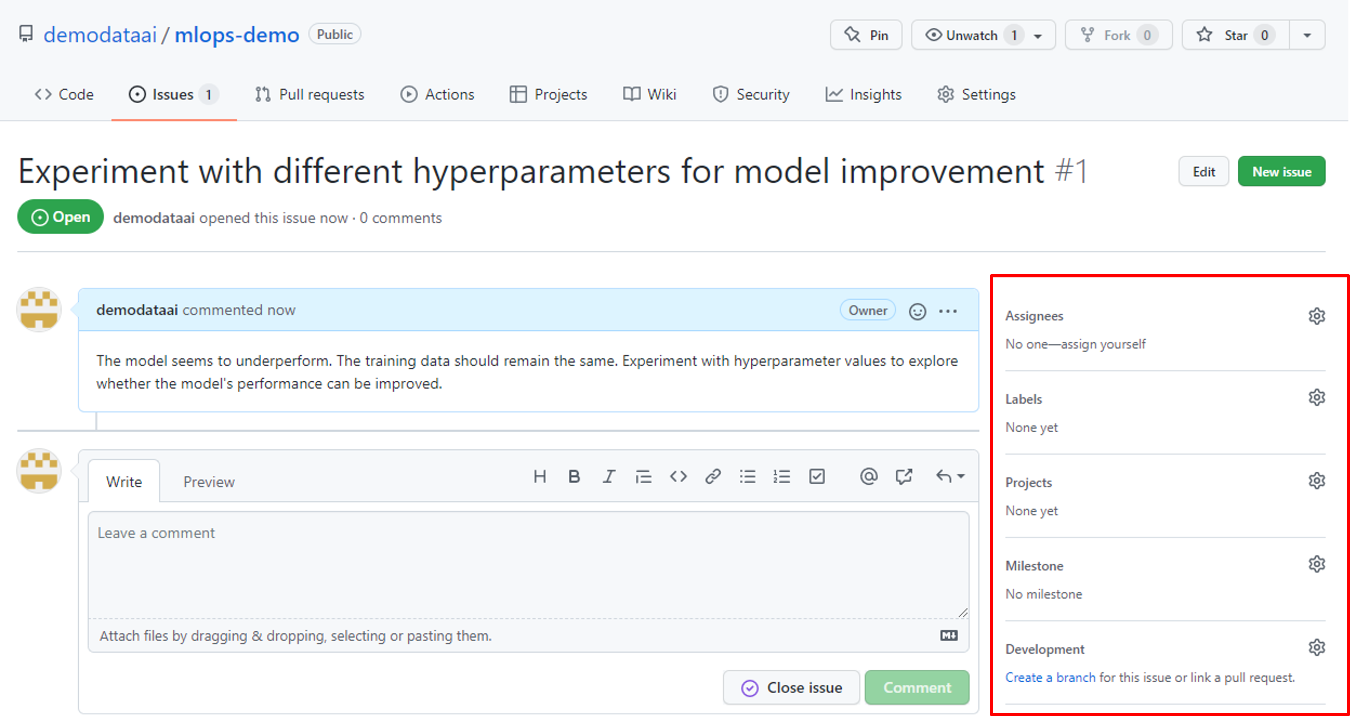 Skärmbild av GitHub-problemexemplet med åtgärdsfönstret markerat.