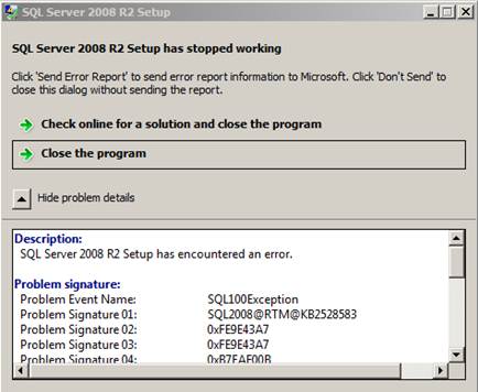 Skärmbild av felmeddelandet: Konfigurationen av SQL Server 2008 R2 har slutat fungera.