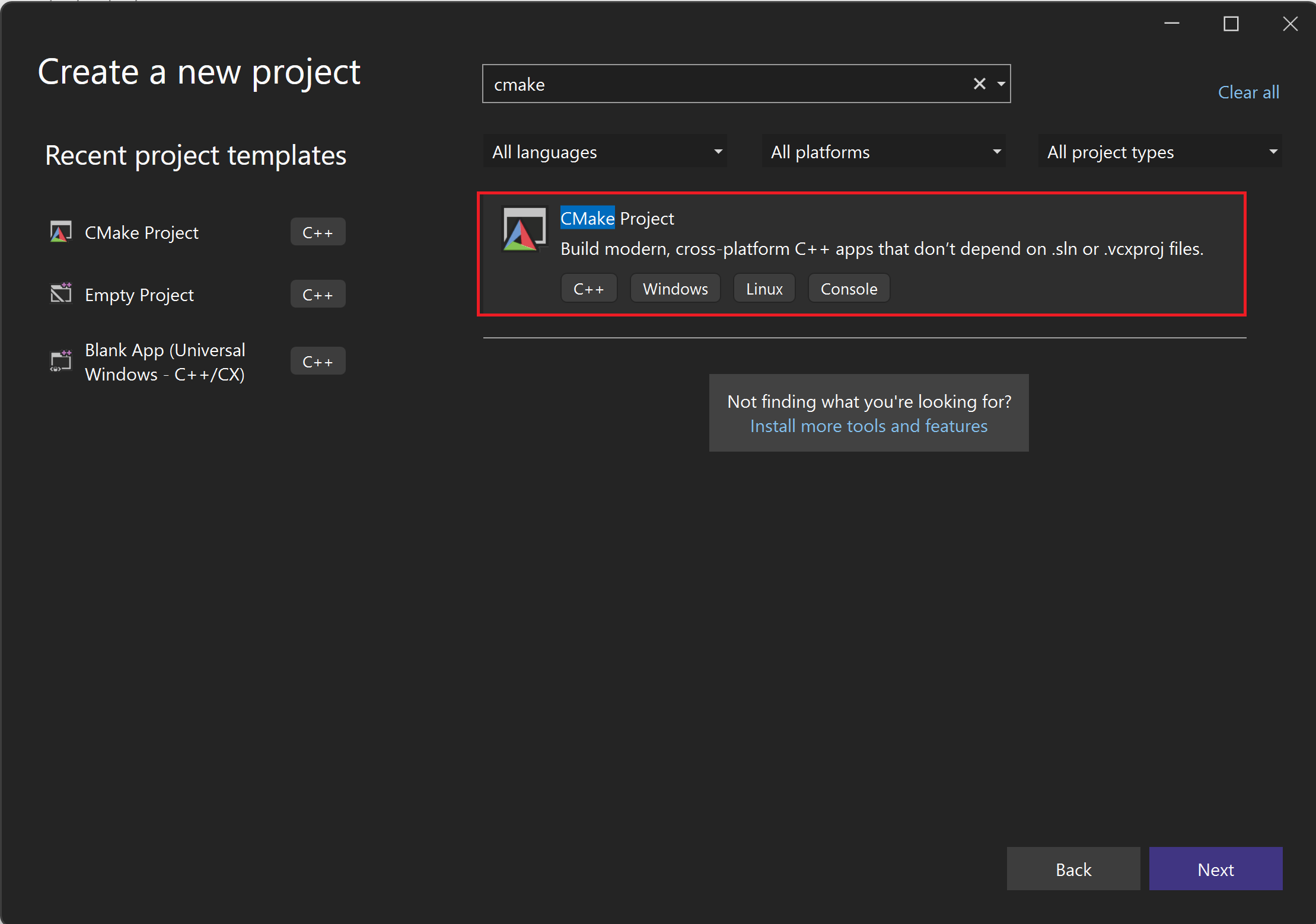 skapa ett nytt CMake-projekt