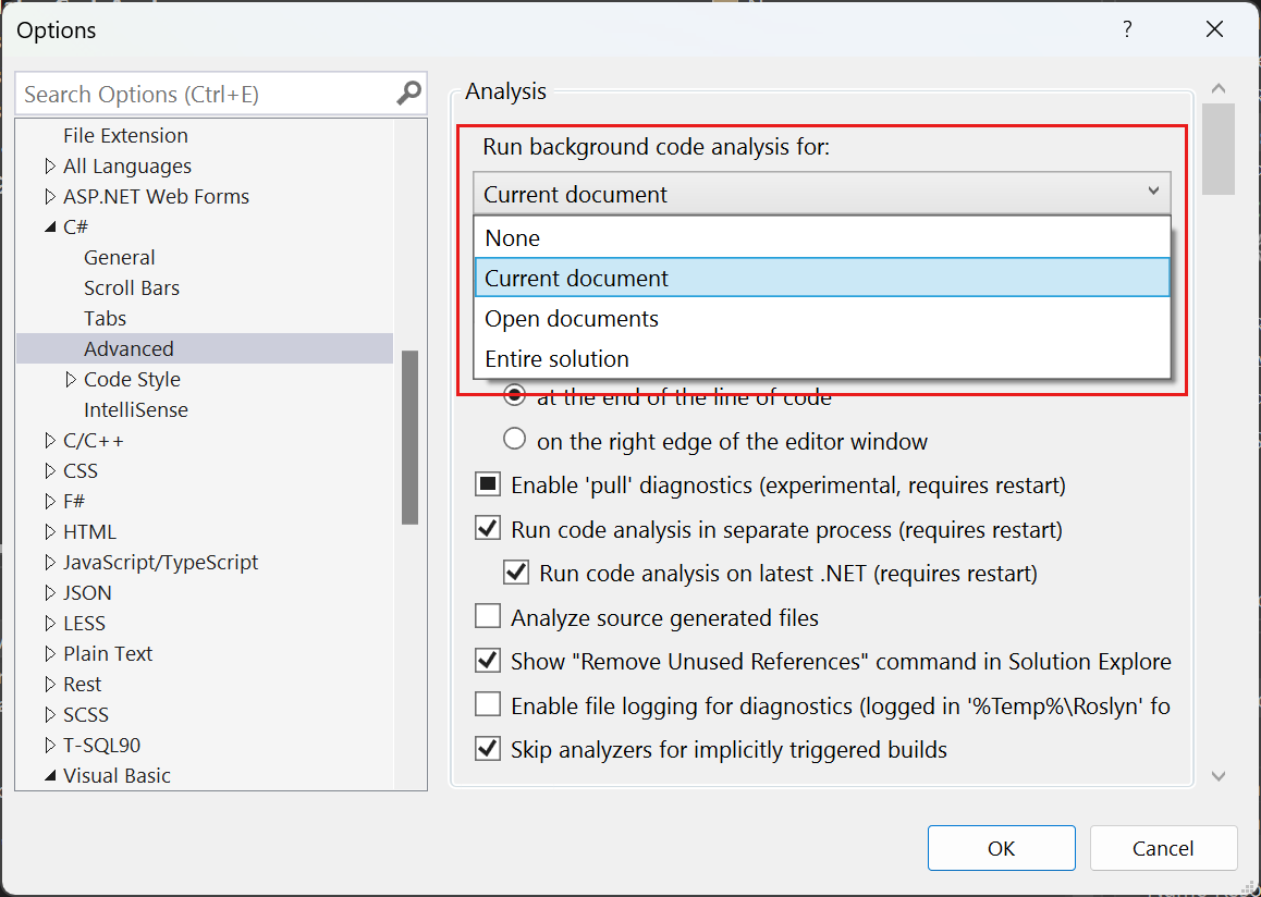 Skärmbild som visar omfångsalternativen för bakgrundskodsanalys i Visual Studio.