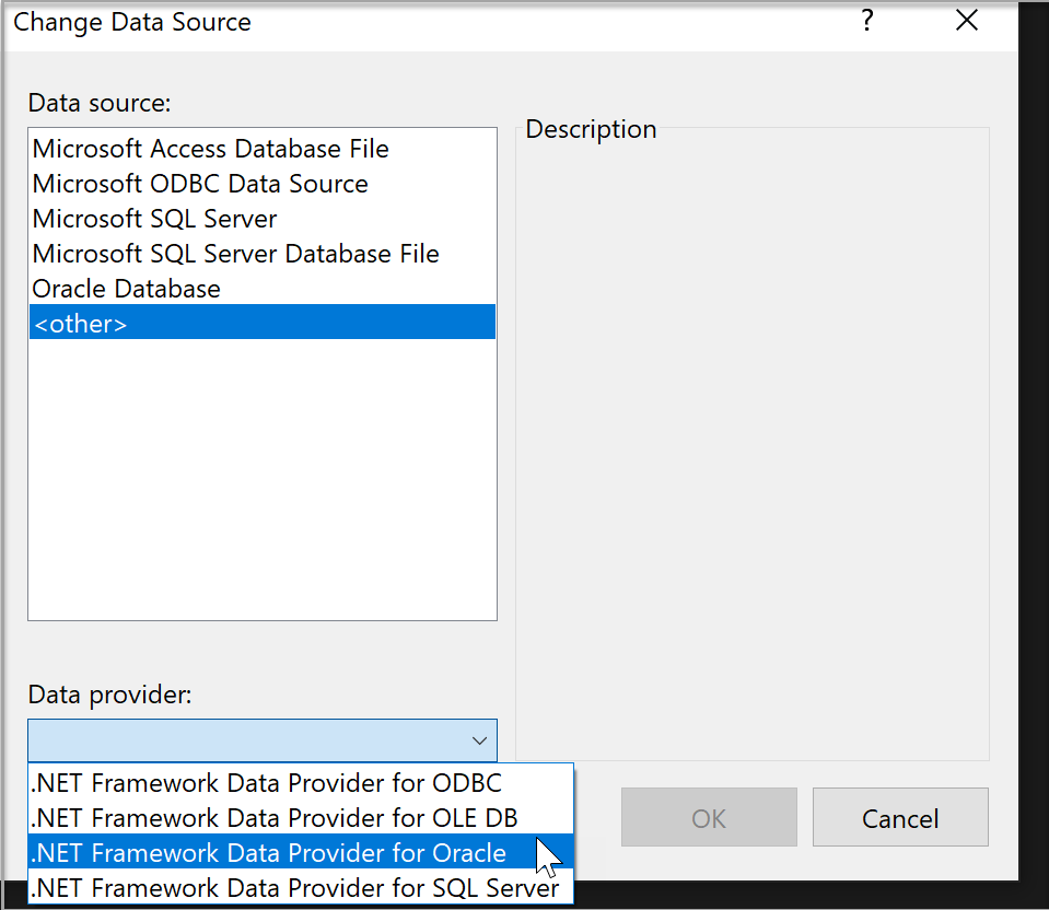 Skärmbild som visar hur du ändrar ADO.NET dataprovider.