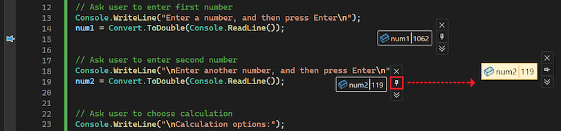 Skärmbild som visar hur du flyttar ett datatips vart som helst i Visual Studio IDE.