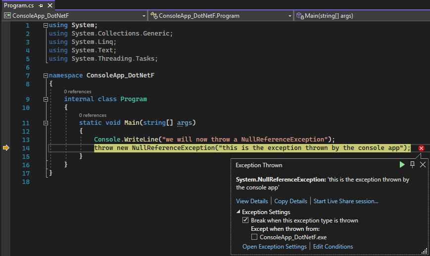 Skärmbild av projektet ThrowsNullException i Visual Studio, med markering av den källkodsrad som utlöste undantaget.
