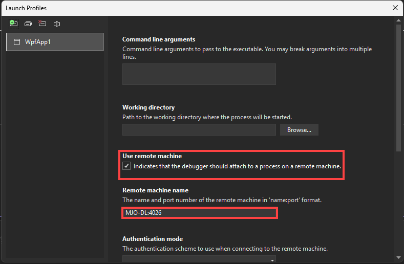 Skärmdump av användargränssnittet för felsökningsprofilen i Visual Studio projektegenskaper för C# och .NET.