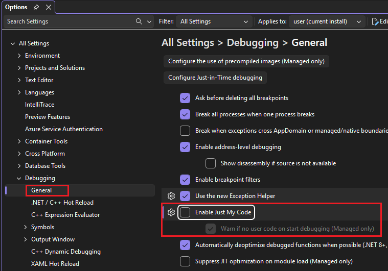 En skärmbild av felsökningsinställningarna för Visual Studio.