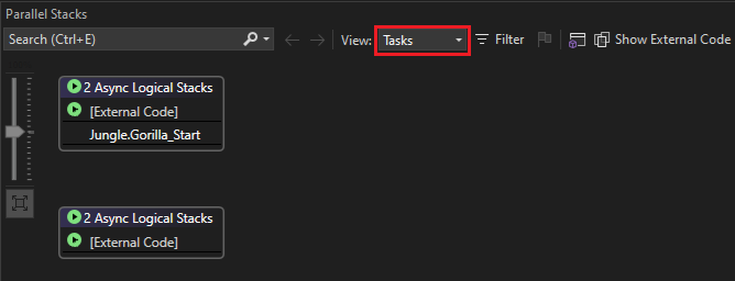 Skärmbild av vyn Tasks i fönstret Parallel Stacks.