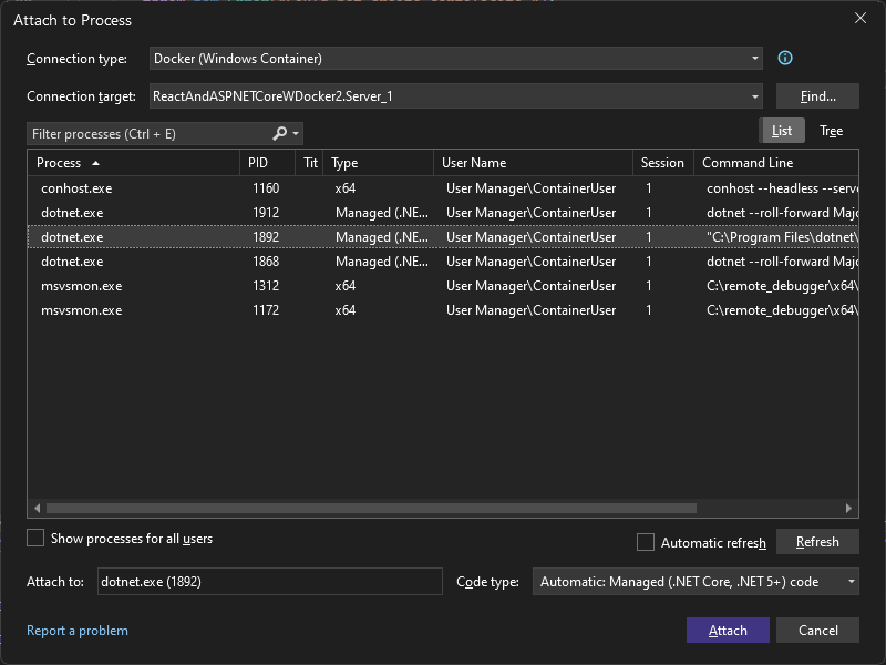 Skärmbild av dialogrutan Bifoga till process i Visual Studio. Anslutningstypen är inställd på Docker (Windows Container) och dotnet.exe processen är markerad.