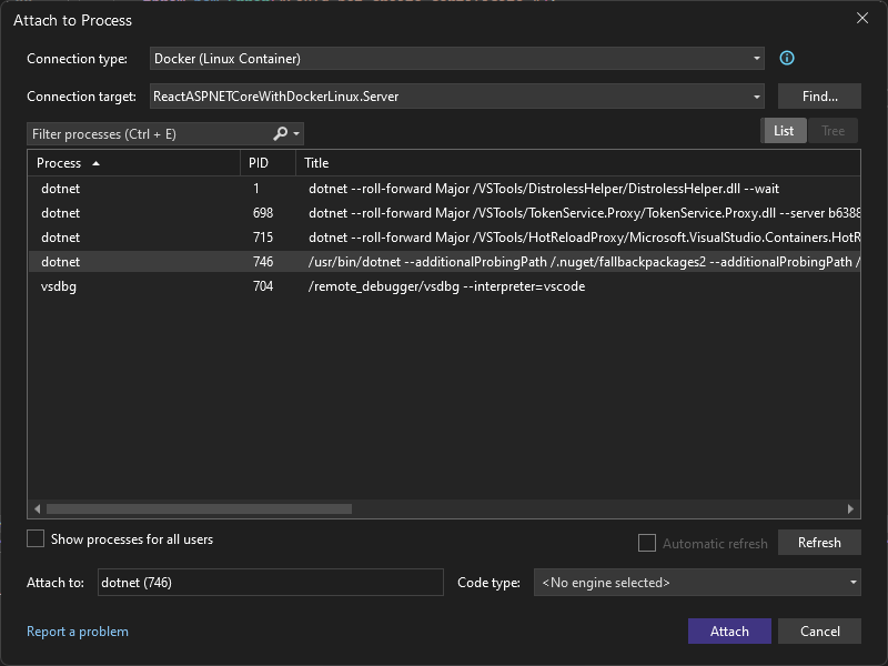 Skärmbild av dialogrutan Bifoga till process i Visual Studio. Anslutningstypen är inställd på Docker (Linux Container) och dotnet-processen har valts.