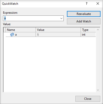 Skärmbild av QuickWatch-variabeln.