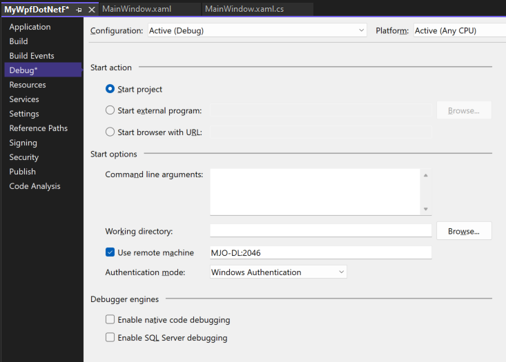 Skärmbild på fliken Felsökning i Visual Studio Project Egenskaper. Egenskapen Använd fjärrdator är inställd på MJO-DL:4026.