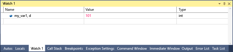 Skärmbild av Visual Studio Watch-fönstret med en rad som visar my_var1, d med värdet 101 och en typ av int.