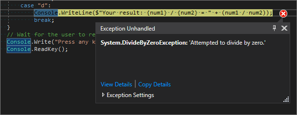 Skärmbild av Visual Studio Code-redigeraren som visar en rad markerad i gult och ett ohanterat undantag för 