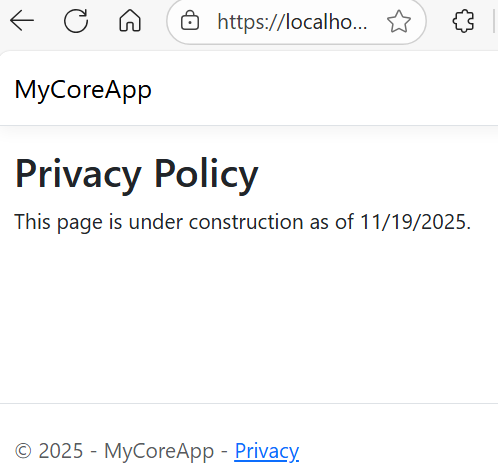 Skärmbild som visar sidan Sekretess för MyCoreApp som innehåller de ändringar som gjorts för att lägga till datumet.